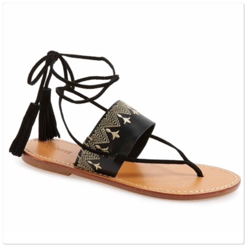 Flat Black Embroidered Sandals w/Wrap Ankle Tassle